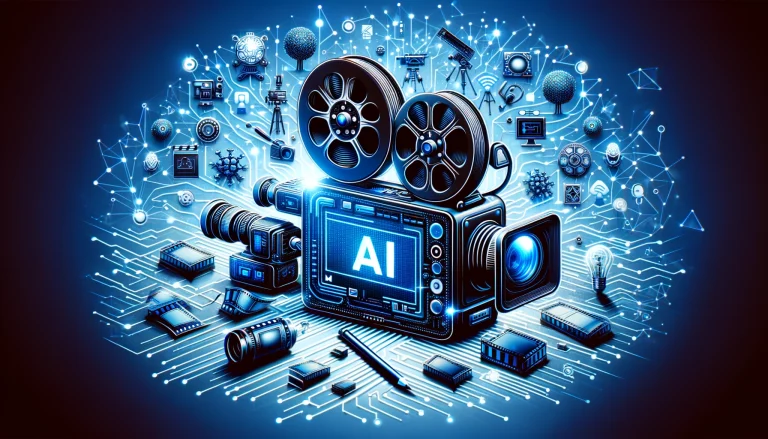 DALL·E 2024-05-23 17.45.33 - Create a featured image for a blog post about AI in video production with dimensions 1800x600 px. The image should include elements like a film reel,