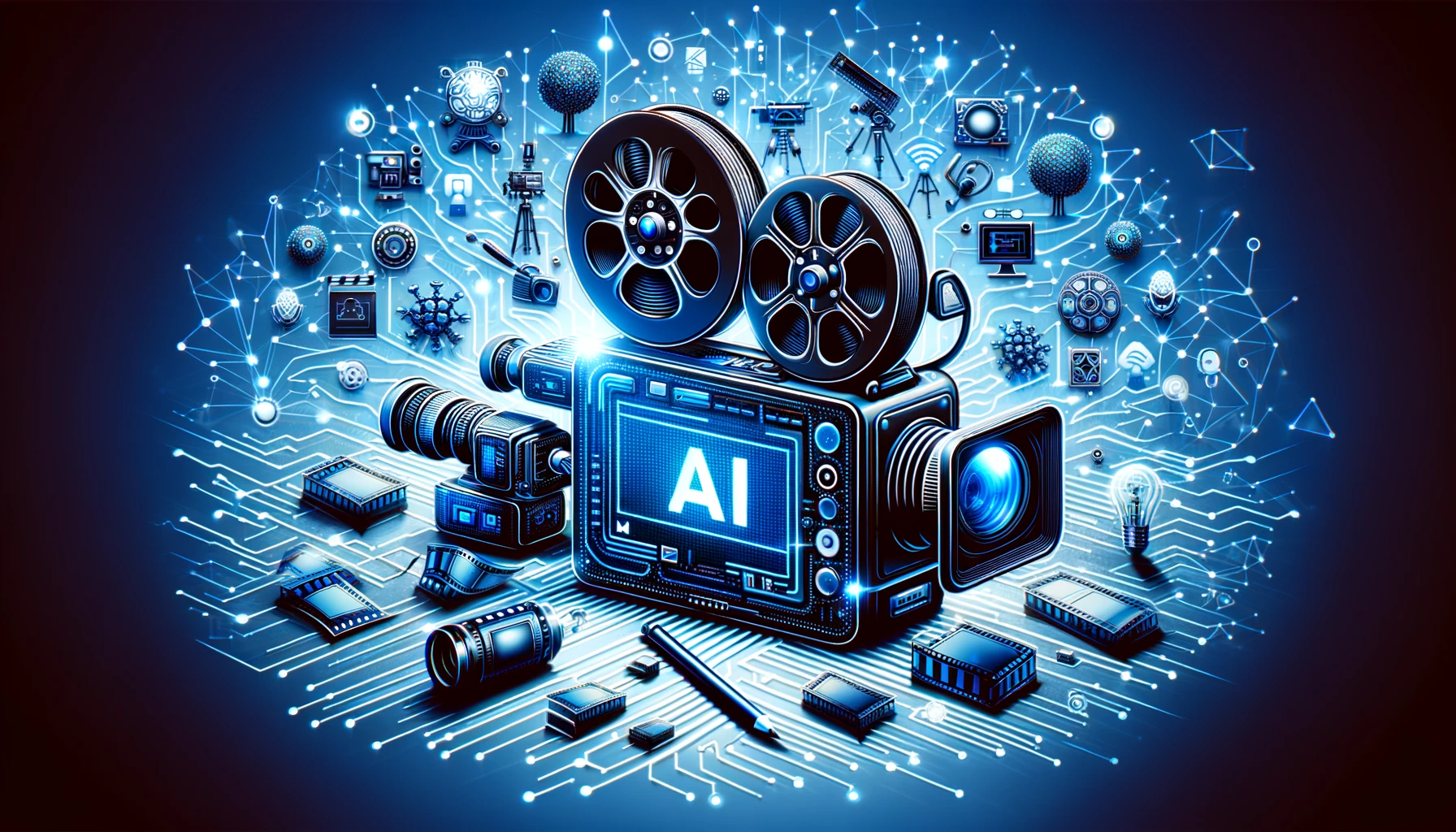 DALL·E 2024-05-23 17.45.33 - Create a featured image for a blog post about AI in video production with dimensions 1800x600 px. The image should include elements like a film reel,