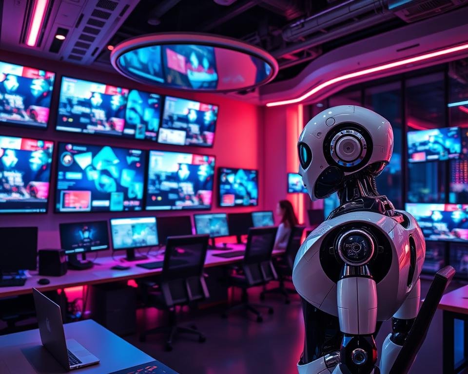 A futuristic office space filled with digital screens displaying dynamic video ads ai gneerated image