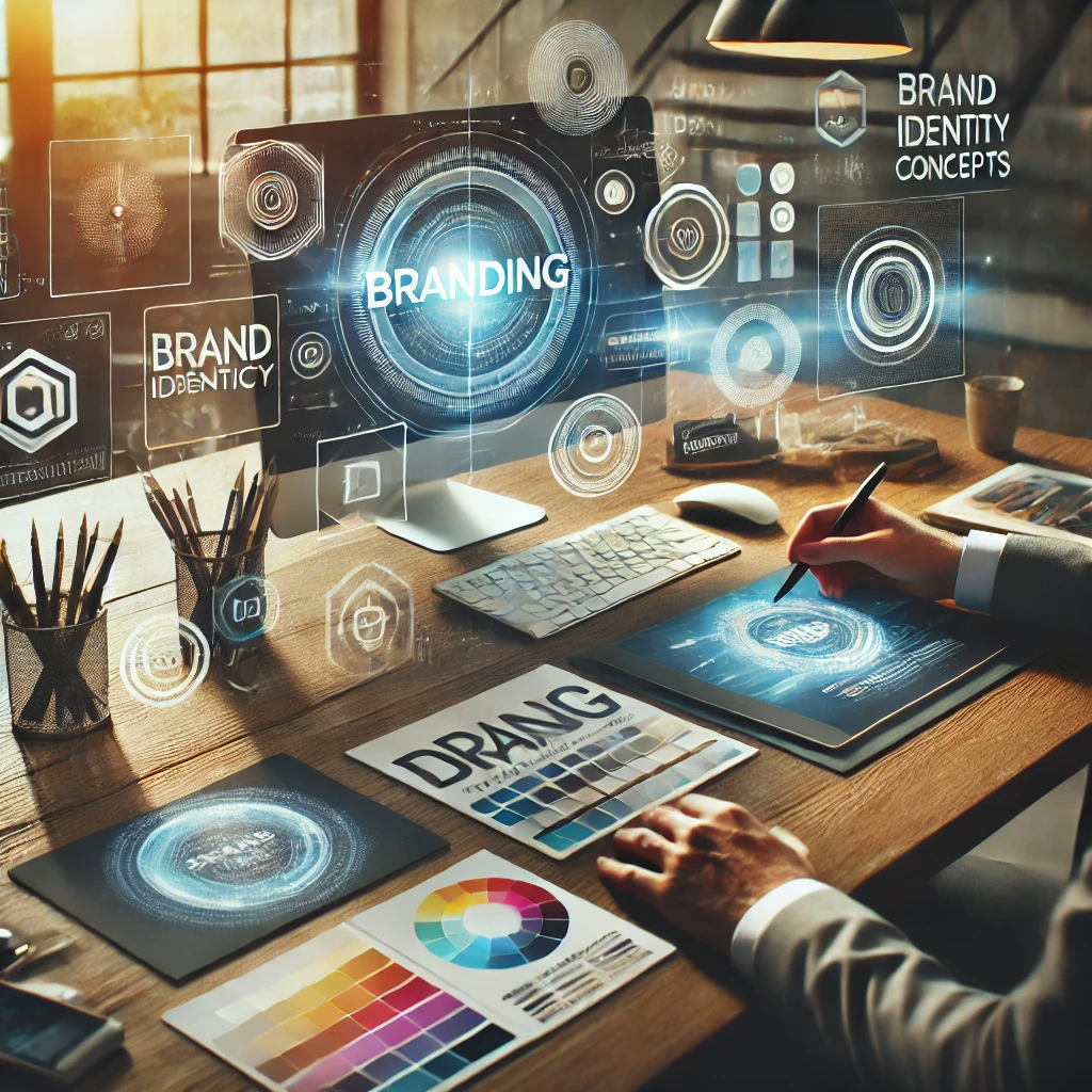 A modern branding workspace featuring a creative professional reviewing design elements on a digital tablet. Color swatches, logos, and typography samples are neatly arranged on a sleek desk, with subtle holographic overlays floating above. The scene is stylish, minimalistic, and professional, blending technology with creativity.