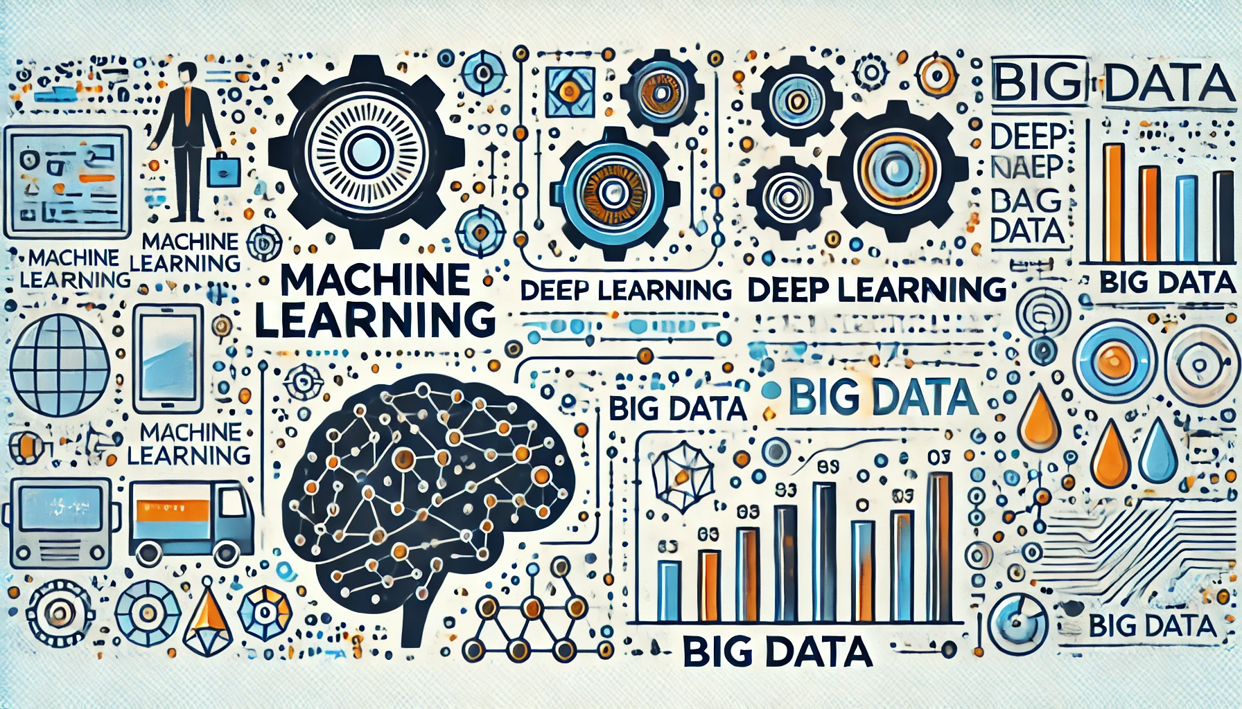 Illustration depicting symbols representing Machine Learning with gears, Deep Learning with neural network patterns, and Big Data with data clusters and charts