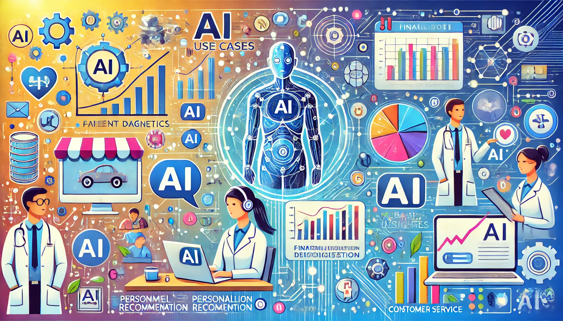 Illustration showcasing various AI applications, including healthcare diagnostics, financial analytics, customer service chatbots, and personalized content recommendations.