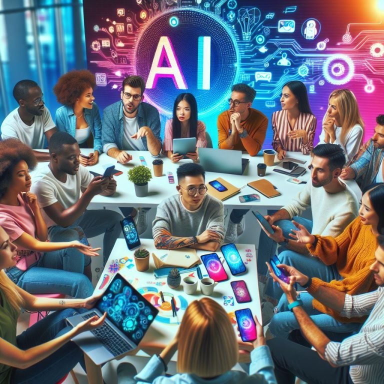 Professional illustration showing AI technology symbols and social media influencers interacting via smartphones, representing AI collaboration in influencer marketing.