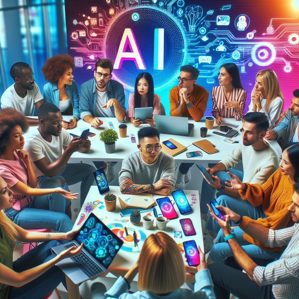Professional illustration showing AI technology symbols and social media influencers interacting via smartphones, representing AI collaboration in influencer marketing.