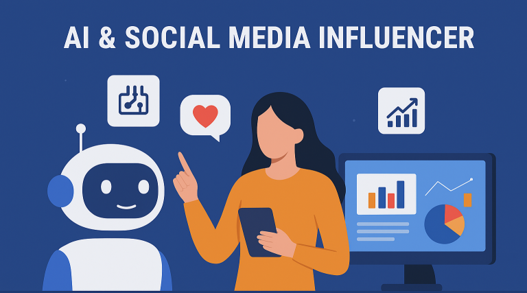 AI robot collaborating with a social media influencer analyzing engagement charts on a computer screen, representing AI & social media influencer marketing