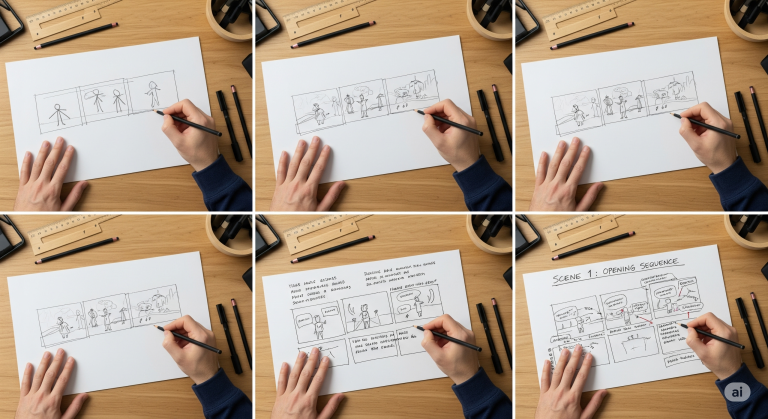A visual representation of the storyboard creation process, showing a person sketching panels and adding notes.