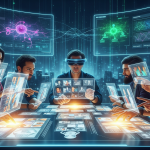 A visual representation of a team collaborating on a futuristic storyboard using AI-powered holographic interfaces and technology.