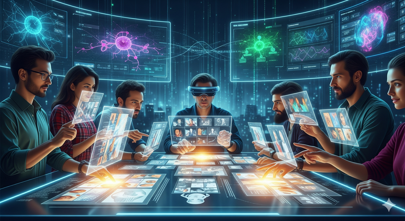 A visual representation of a team collaborating on a futuristic storyboard using AI-powered holographic interfaces and technology.
