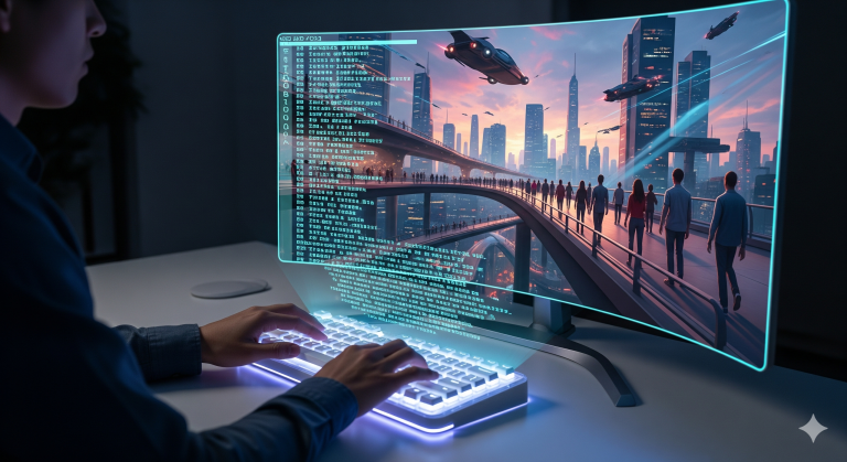 A visual representation of a person writing a text-to-video prompt, with the words transforming into a dynamic video scene on a large holographic display.