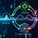 A dynamic and modern visual representation of brand identity, with interconnected shapes representing core values, consistency, audience engagement, and innovation, all glowing with vibrant colors.