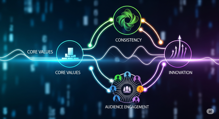 A dynamic and modern visual representation of brand identity, with interconnected shapes representing core values, consistency, audience engagement, and innovation, all glowing with vibrant colors.