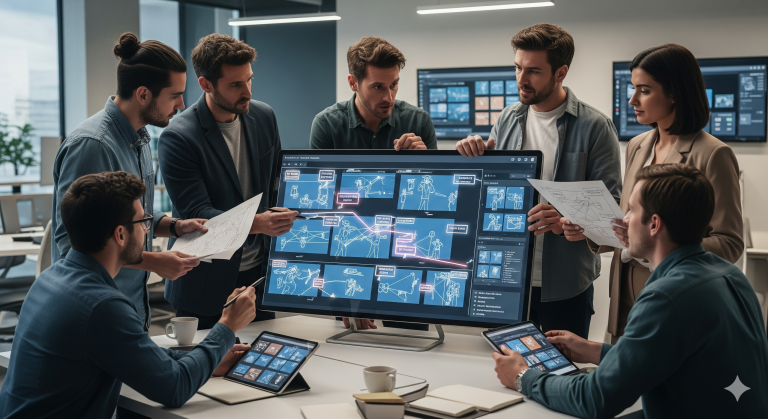 A visual representation of a team collaborating on a powerful storyboard for video production.