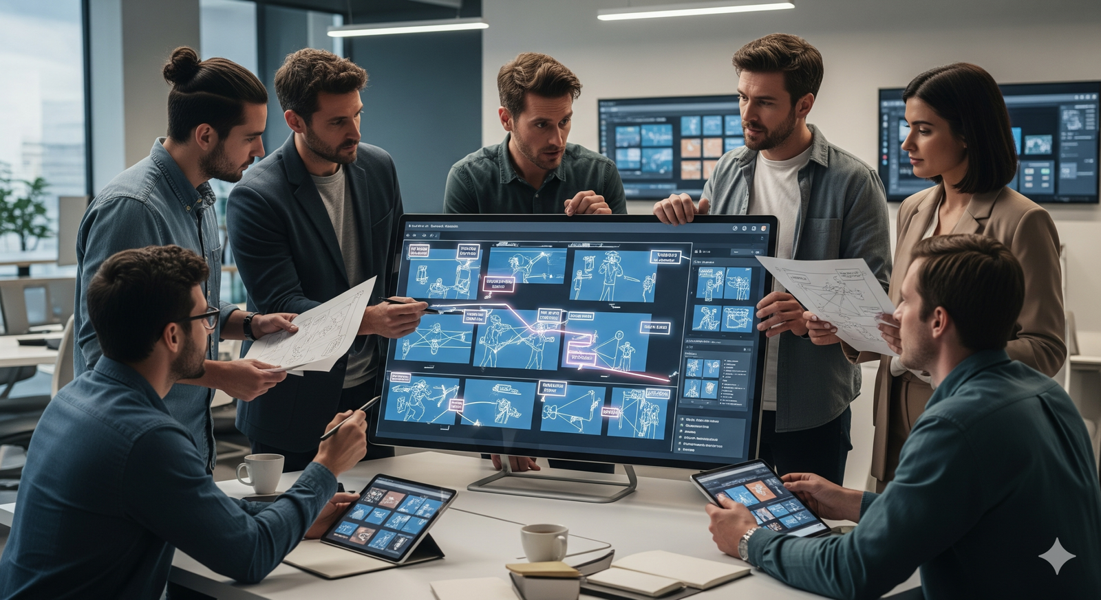 A visual representation of a team collaborating on a powerful storyboard for video production.
