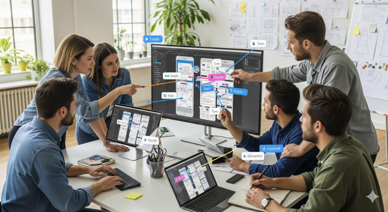 A visual representation of a design team collaborating in real-time on a single screen using a digital tool like Figma.