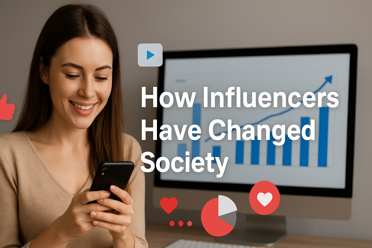 lat-style illustration of a social media influencer using a smartphone, with icons for likes, followers, video, and charts, representing how influencers have changed society.