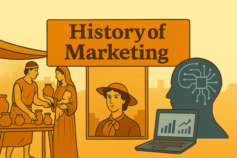 Illustration showing the evolution of marketing: an ancient pottery seller, a vintage sales poster, a businessman with a megaphone, and modern AI technology.