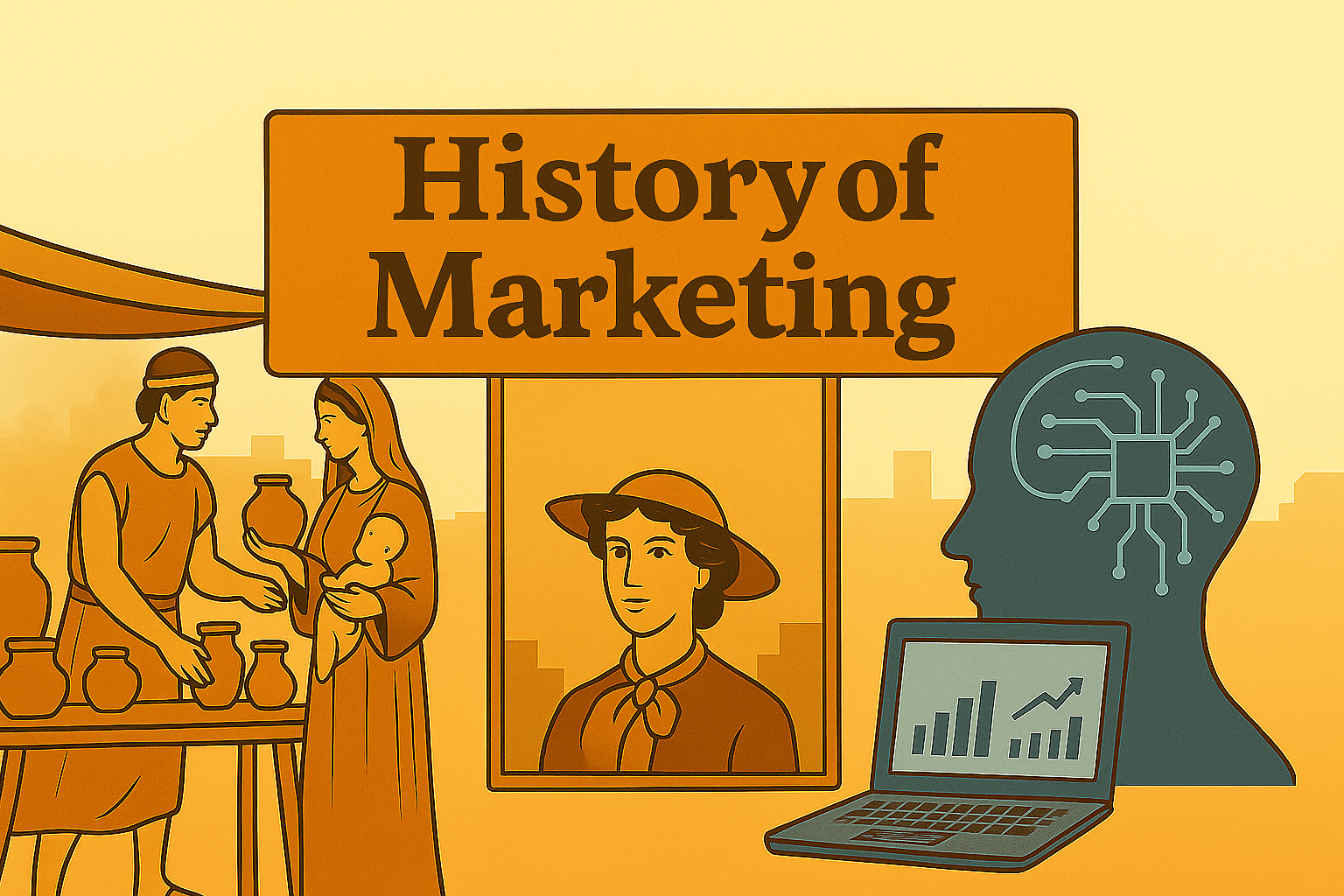 Illustration showing the evolution of marketing: an ancient pottery seller, a vintage sales poster, a businessman with a megaphone, and modern AI technology.