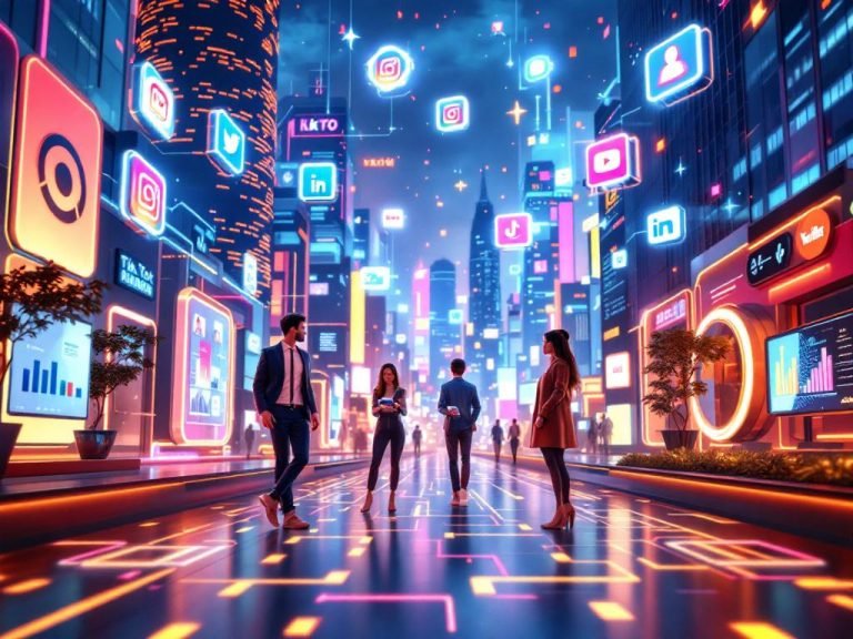 Futuristic digital landscape showcasing the fusion of artificial intelligence and influencer marketing, featuring AI algorithms, data analytics, and social media engagement.