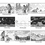 A visual representation of a storyboard showing a sequence of drawings or panels with arrows and text, depicting a narrative progression.