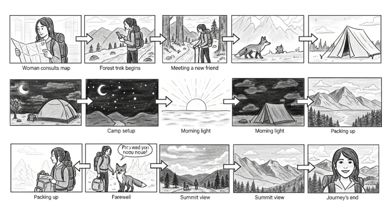 A visual representation of a storyboard showing a sequence of drawings or panels with arrows and text, depicting a narrative progression.