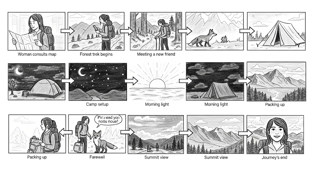 A visual representation of a storyboard showing a sequence of drawings or panels with arrows and text, depicting a narrative progression.