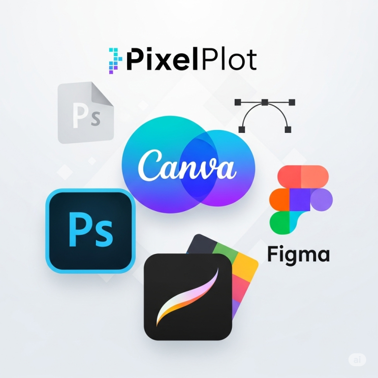 A collection of digital design app icons including Canva, Adobe Photoshop, Figma, and Procreate, with the "PixelPlot" logo, representing essential tools for designers.