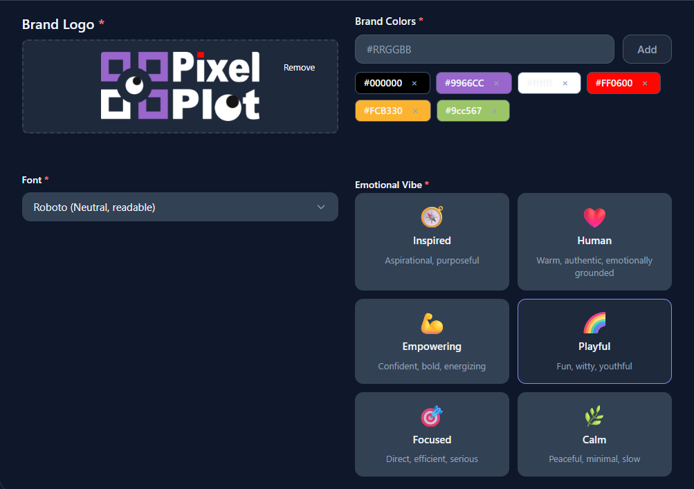 Dashboard showing AI Brand DNA analysis results on Pixel Plot.