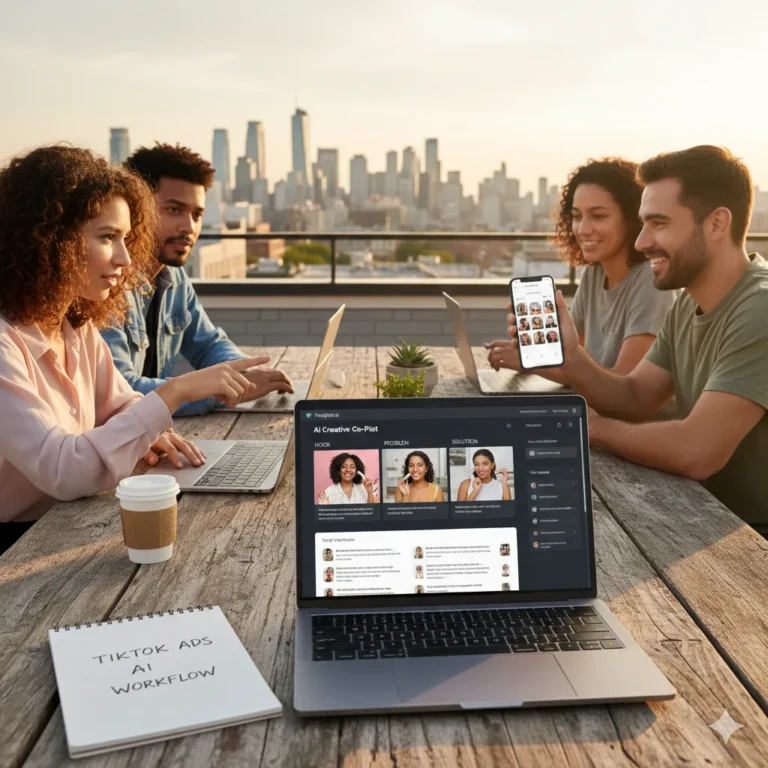 Marketer planning a 4-scene TikTok ad storyboard on a laptop using AI tools.