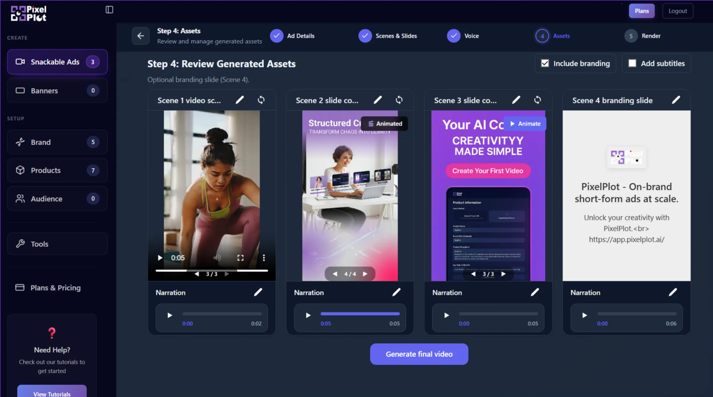 Pixelplot AI ad tool dashboard showing the 4-scene Snackable Ad framework interface.