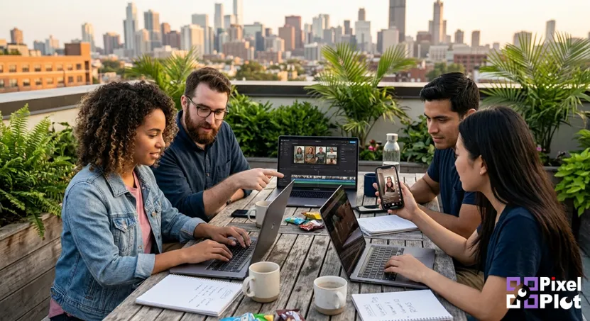 Ecommerce marketer reviewing AI-generated TikTok ad variants next to a product page and storyboard on a laptop.