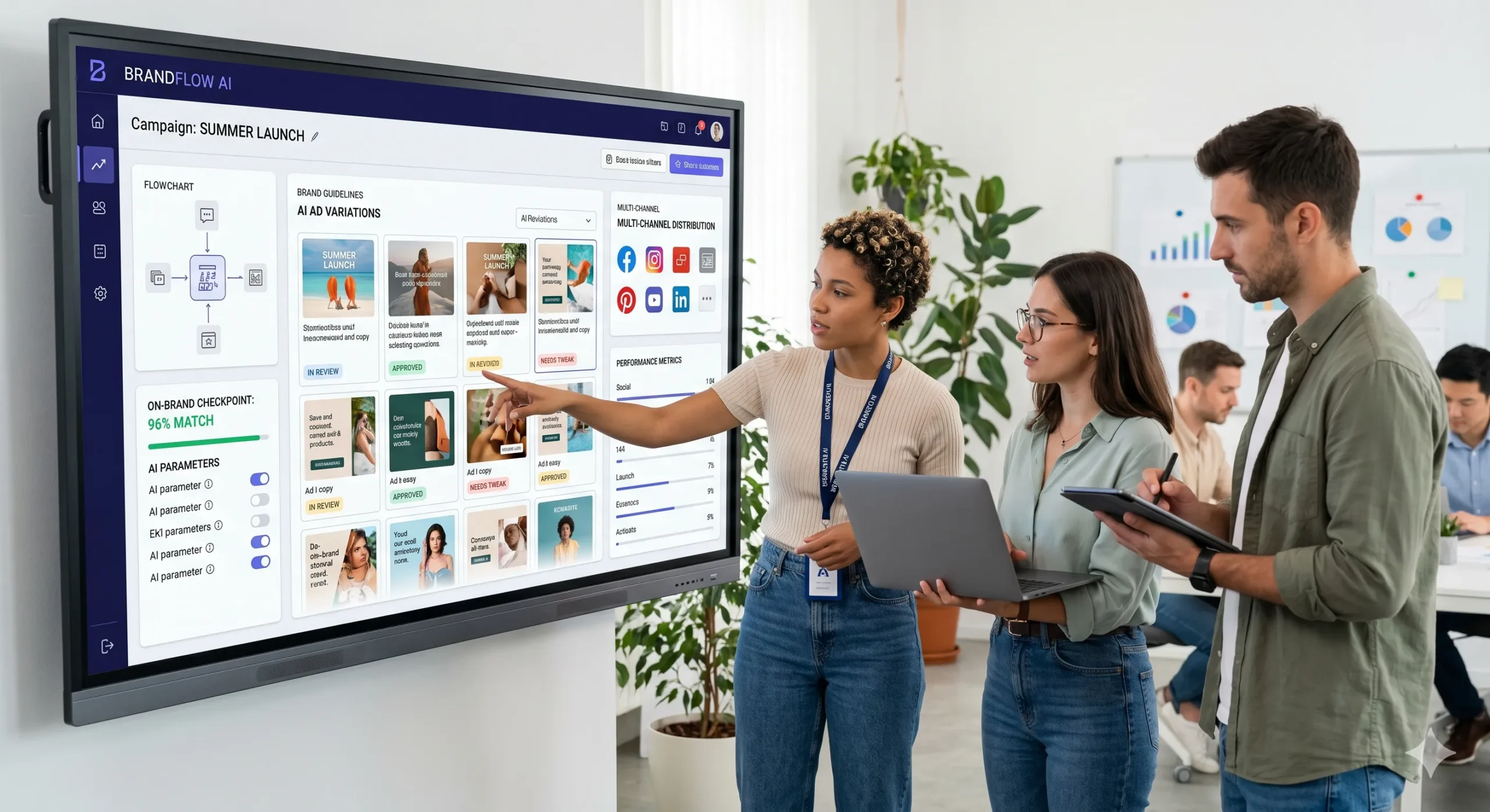Marketing team using AI workflow dashboard to produce on-brand ad variations across channels