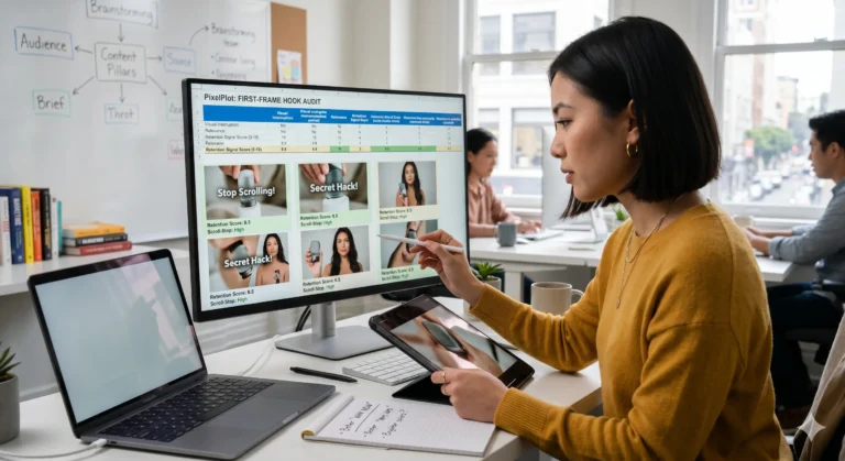 Marketer reviewing short-form video first frames to improve retention and scroll-stopping hooks