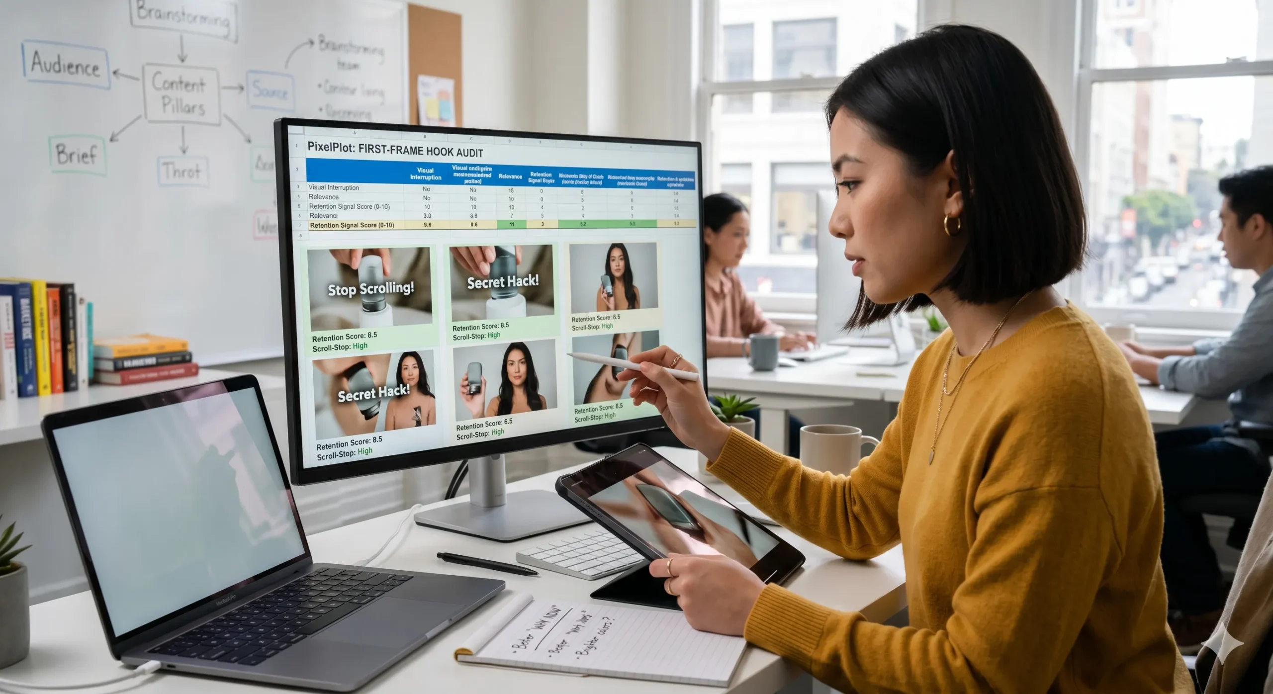 Marketer reviewing short-form video first frames to improve retention and scroll-stopping hooks
