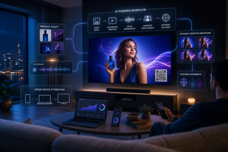 AI-powered ad workflow showing product assets, voiceover, audience targeting, and dynamic creative variations