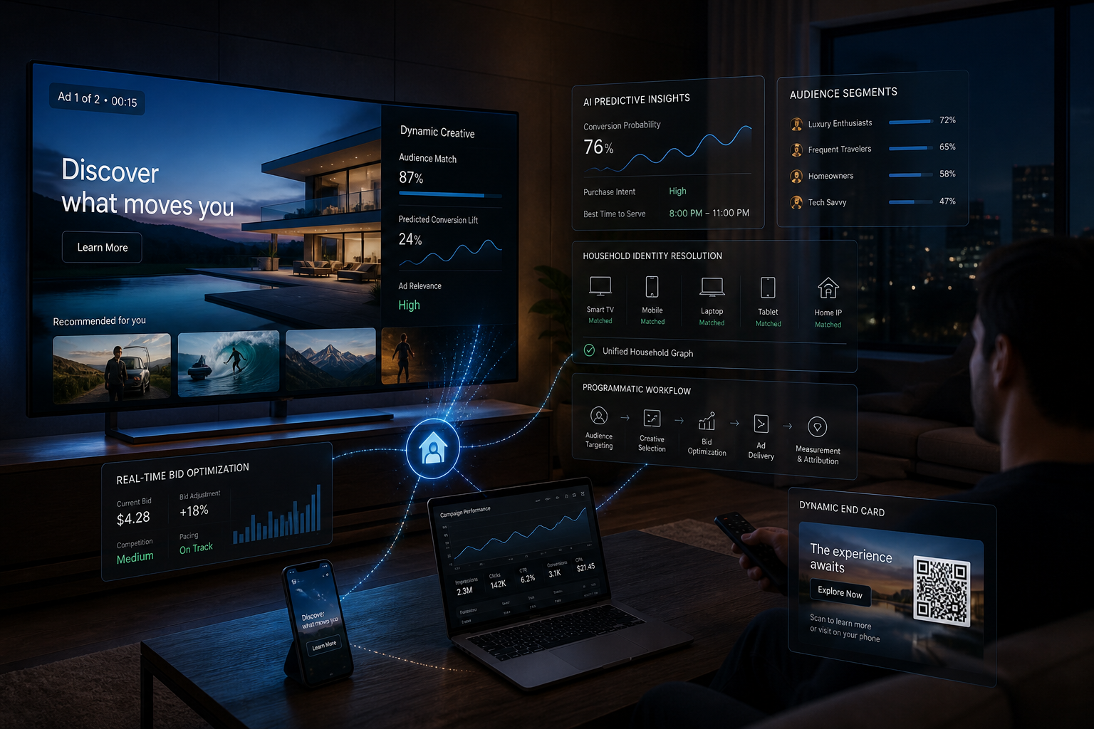 Digital ad analytics dashboard showing audience segments, conversion insights, and campaign performance