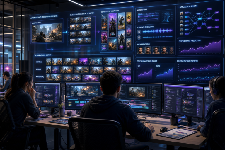 Team reviewing an AI ad production dashboard with video variations, voiceover, localization, and performance charts