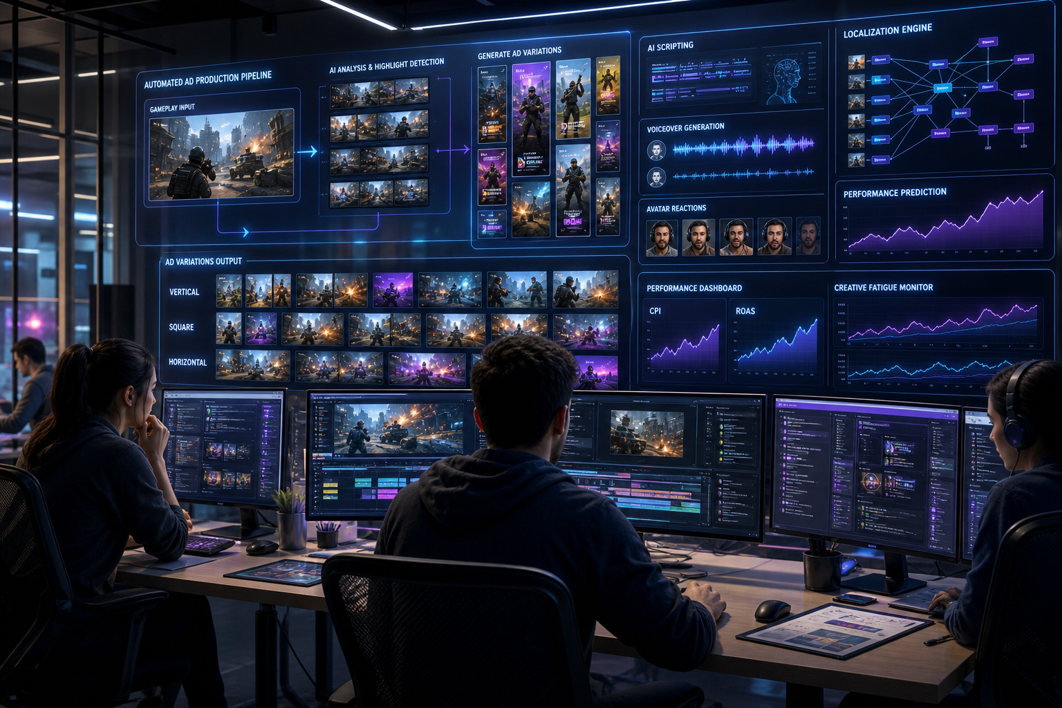 Team reviewing an AI ad production dashboard with video variations, voiceover, localization, and performance charts